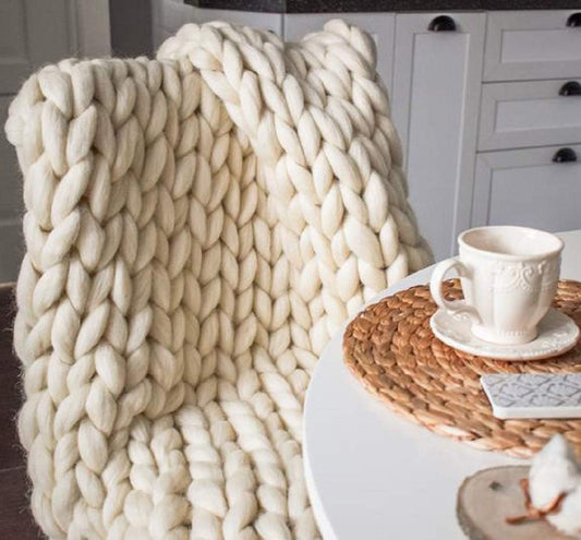 Chunky Knit Blanket Hand Made Merino Wool Throw Boho Bedroom Sofa Home Decor Giant Yarn(Ivory White 40"x80")