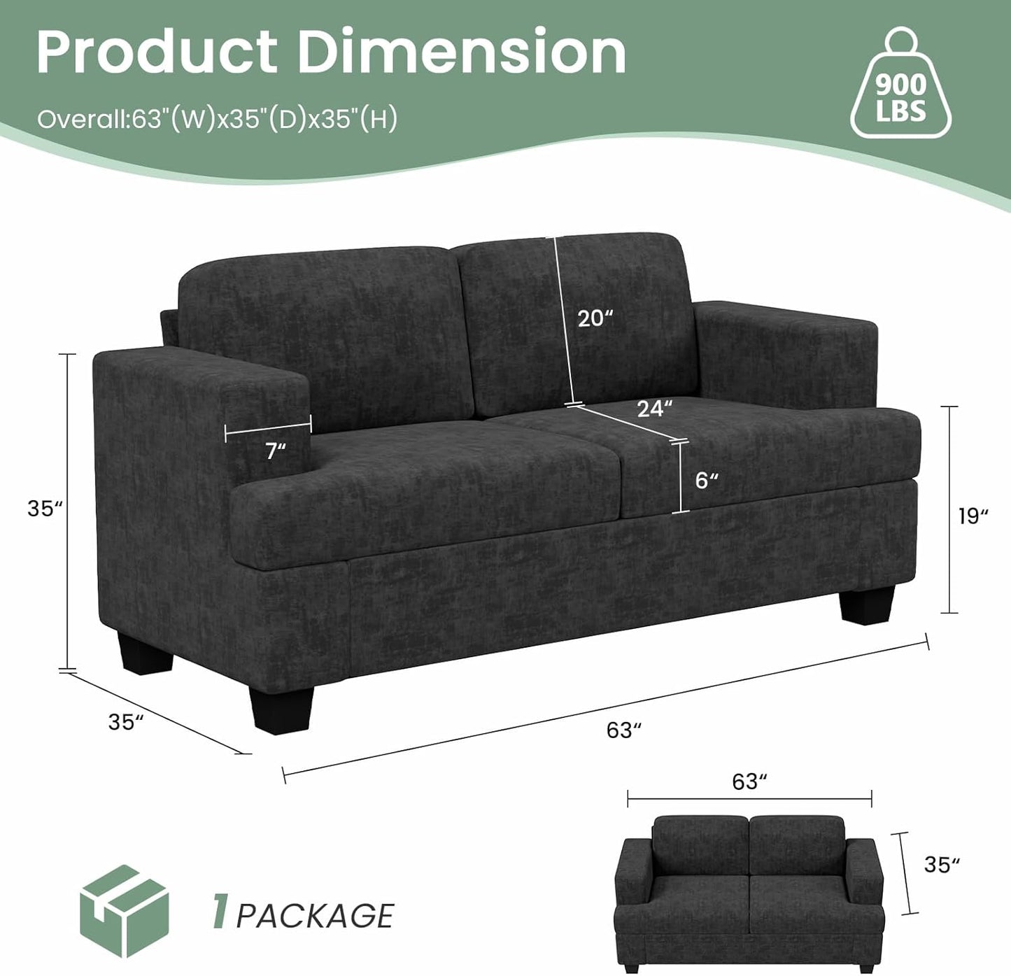 Sofa, 63” Comfy Loveseat Sofa with Deep Seats, Couch for Living Room, Modern Sleeper Couch, Dark Grey Chenille