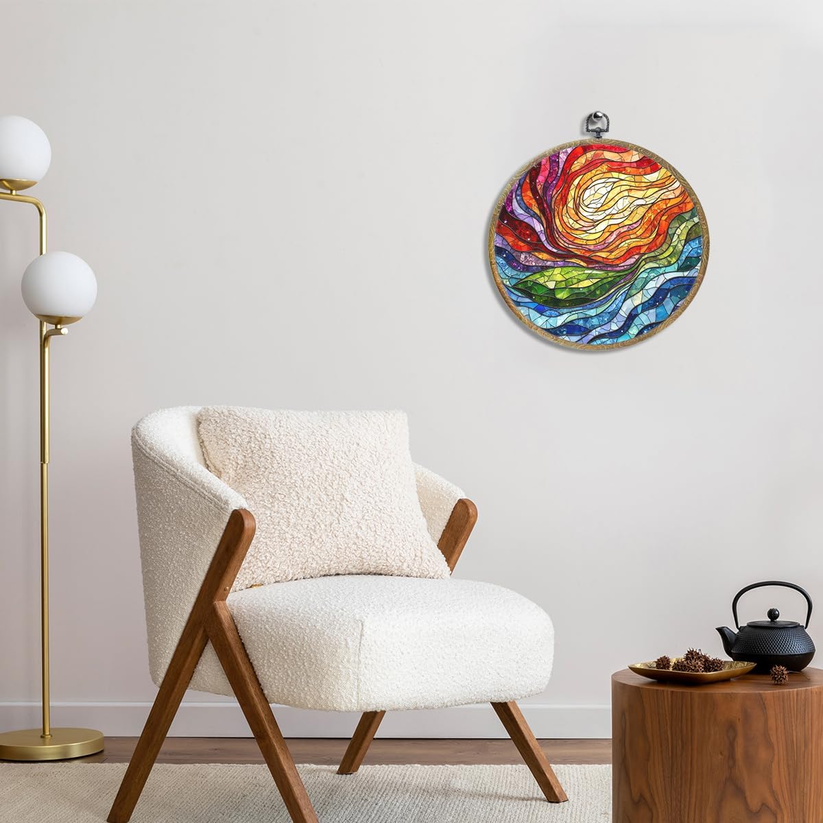 Colorful Boho Rainbow Geometric Spiral Sun Art Gift Framed Round Wall Decor Canvas Wall Art Hanging Prints Artwork for Home Office Bathroom Bedroom Living Room Decorations 10.2X10.2 Inch