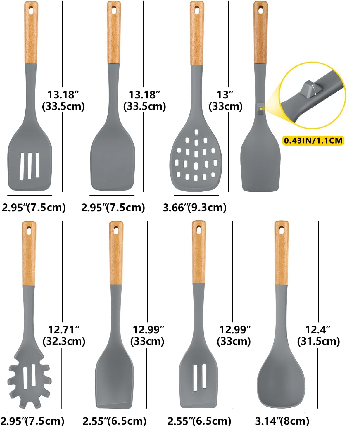 Silicone Kitchen Utensil Set for Non Stick Cookware, 7 Pcs Heat Resistant Cooking Utensils with Wooden Handle, BPA Free Kitchen Tools with Spatulas, Spoons, Skimmer and Pasta Fork (GRAY)