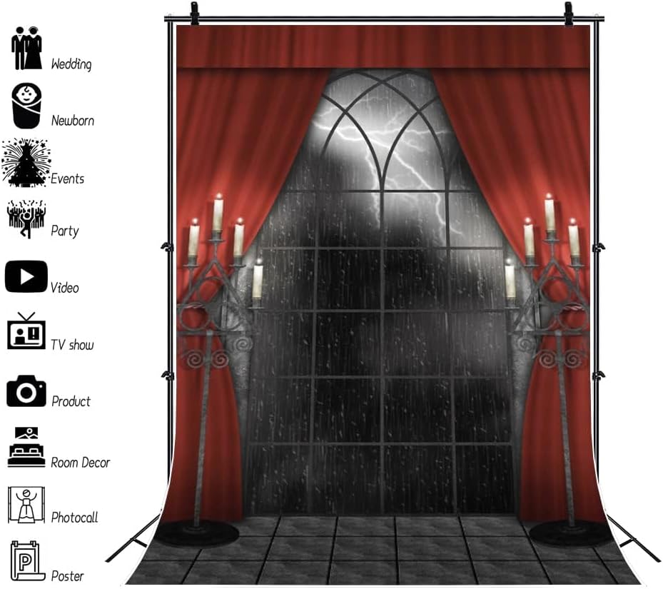 Renaiss 4x6ft Vintage Gothic Window Backdrop Red Curtain Candlestick Black Floor Lightning Stormy Sky Vampire Medieval Castle Photography Background Halloween Dress Up Party Decors Photo Booth Props