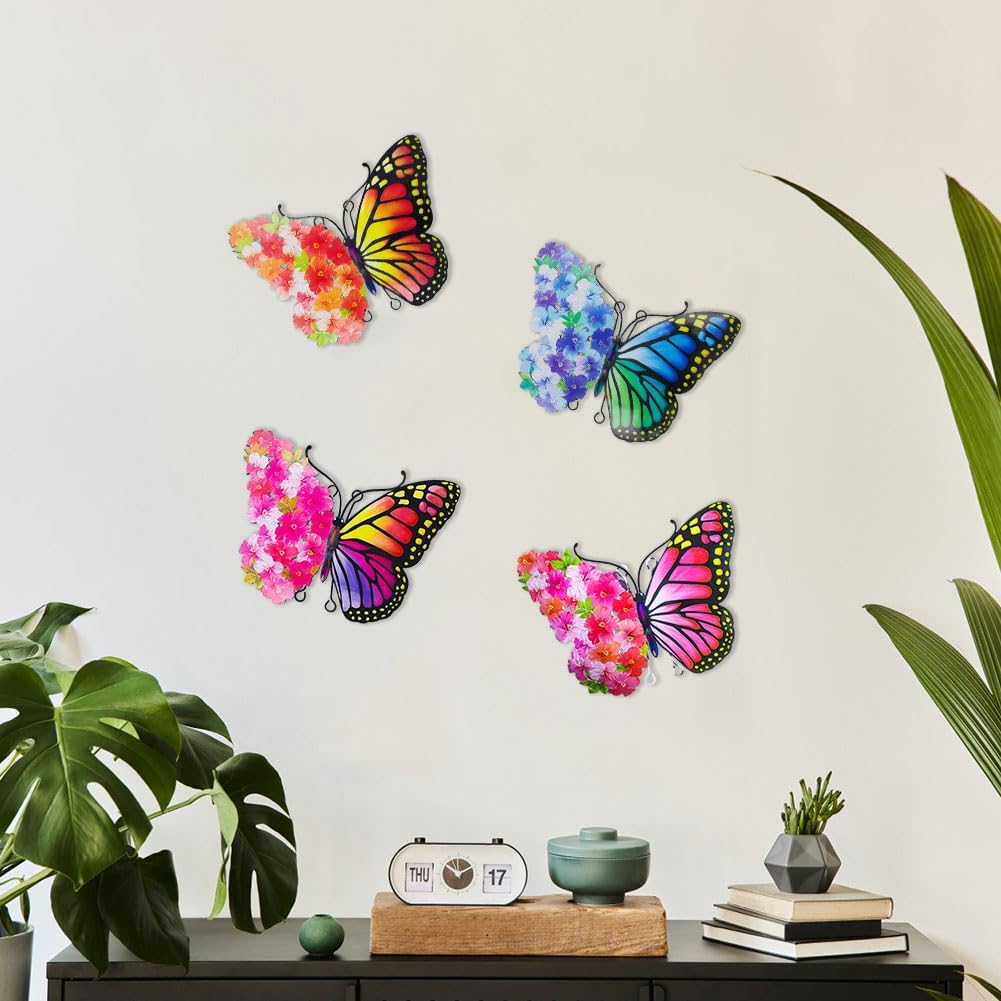 Metal Butterfly Wall Decor, 9.6" Outdoor Wall Decor Metal Yard Art, Flowers Wings Butterfly Outdoor Decor for Garden Patio Fence Outside Living Room Bedroom(4 Pack)