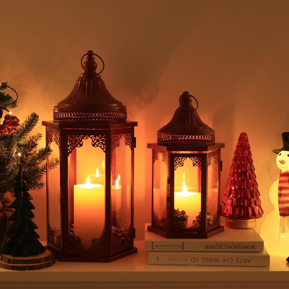NEEDOMO Christmas Decorations Set of 2, 22''/15'' Christmas Lantern with Glass Panels for Home Decor, Decorative Hanging Lantern Indoor Outdoor for Xmas Table Centerpieces, Porch, Patio(Red)