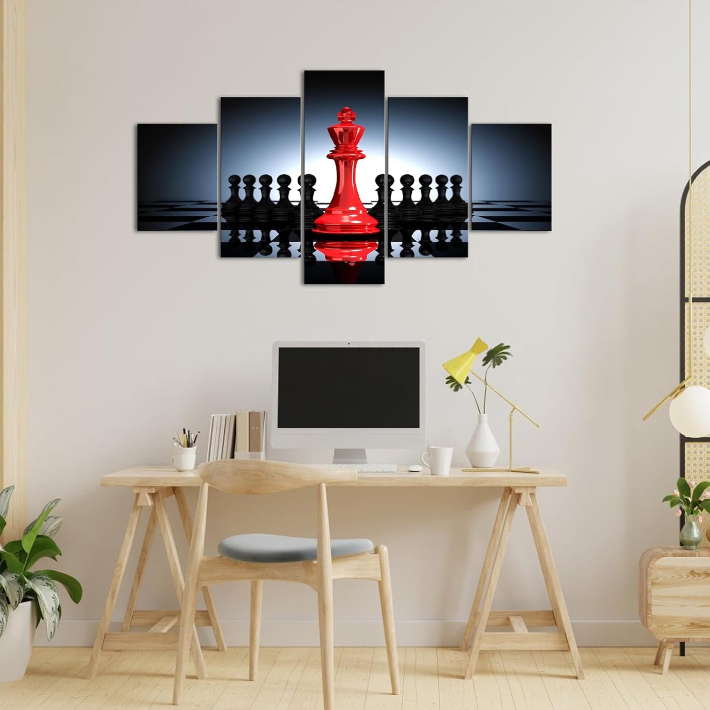 iHAPPYWALL Large 5 Pieces Modern Black And Red King And Knight Chess Pictures Print Canvas Wall Art for Home Chess Game RoomLiving Room Decor Ready To Hang
