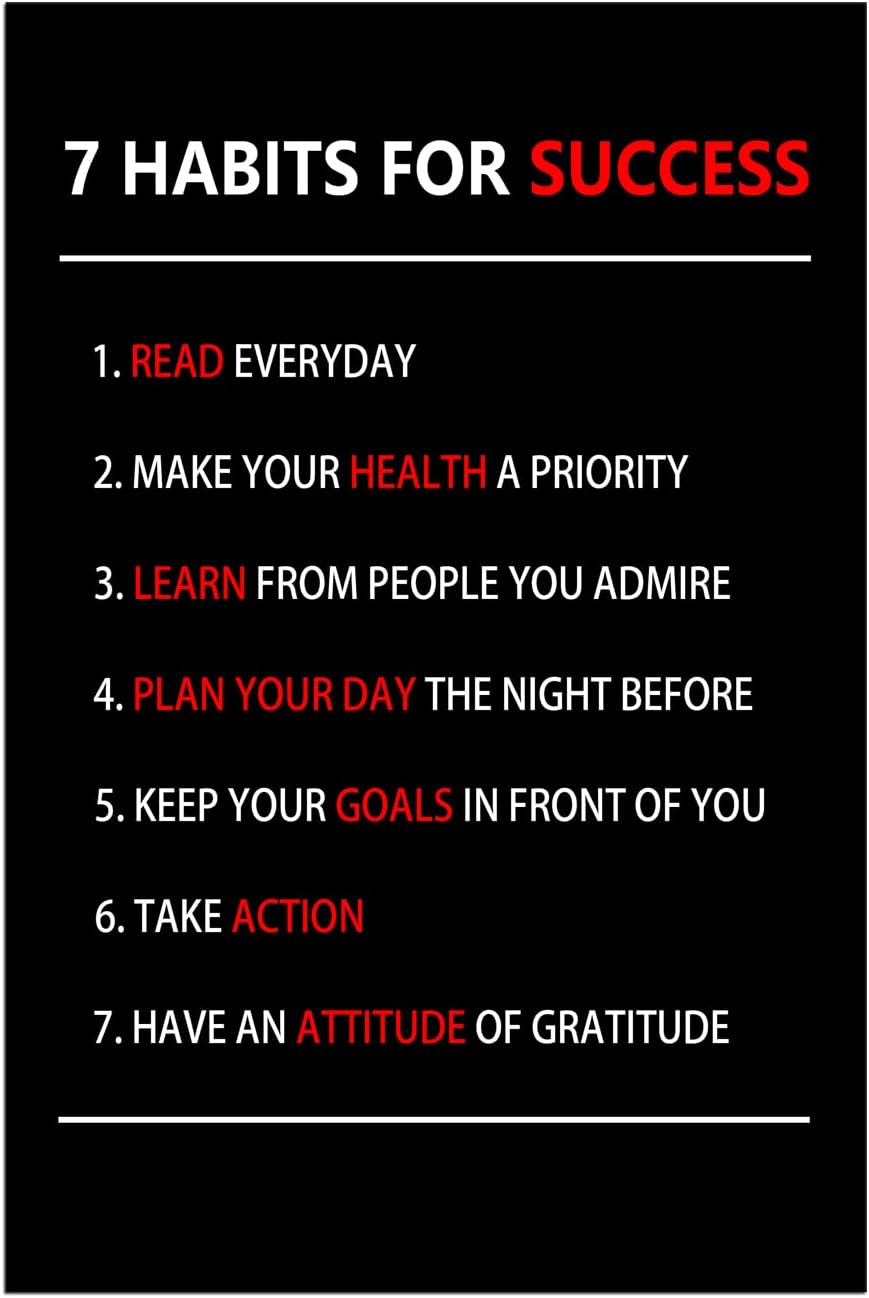 WYJZDZQ8 7 Habits For Success Inspirational Canvas Wall Art Motivational Poster Painting Prints Pictures Inspiring Office Decor Artwork Living Room Gym Decoration Framed Ready to Hang [24''W X 36''H]