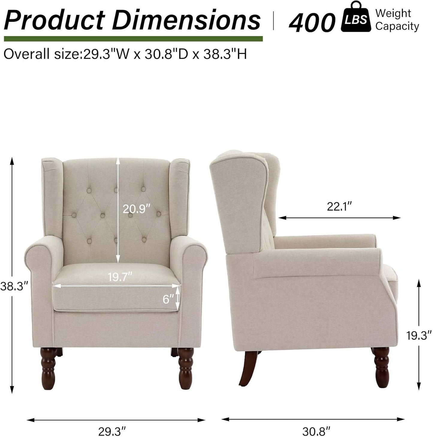 Accent Chair, Upholstered Armchair with Button Tufted High Back & Solid Wood Legs, Comfy Wingback Reading Single Sofa Chair for Small Spaces, Living Room, Bedroom