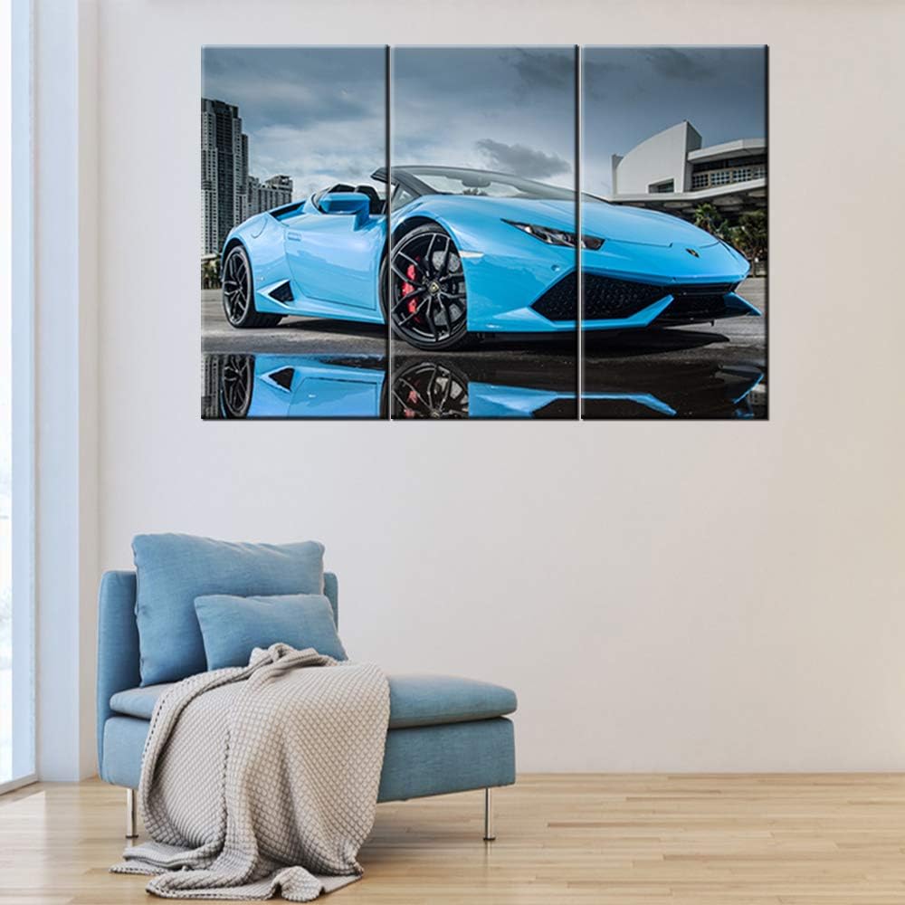 TUMOVO 3 Piece Canvas Wall Art - Panoramic View of LP 610 4 Blue Supercar - Modern Home Decor Stretched and Framed Ready to Hang - 12 x 24 inch x 3 Pieces