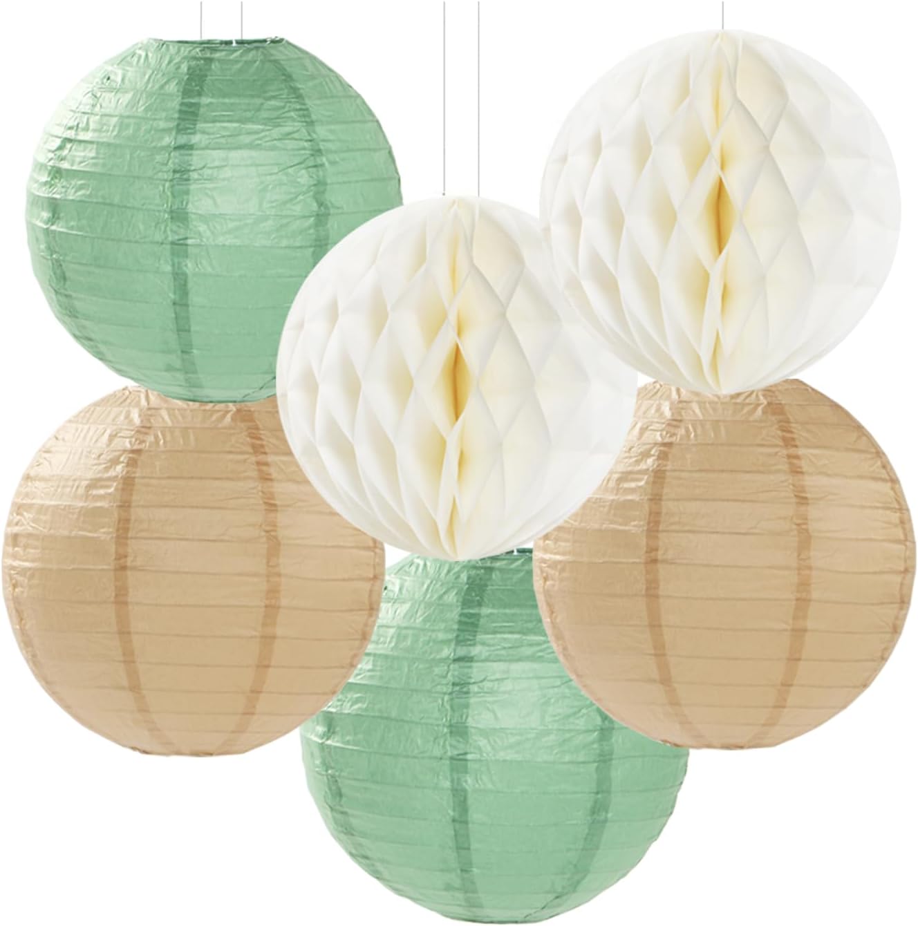 Sage-Green Beige-Champagne Party-Decorations Streamers Lanterns - 14pcs Neutral Baby Shower Paper Fan,Tissue Pom Poms,Honeycomb Balls,Boho Birthday Wedding Bachelorette Engagement Bridal Decor Ouruola