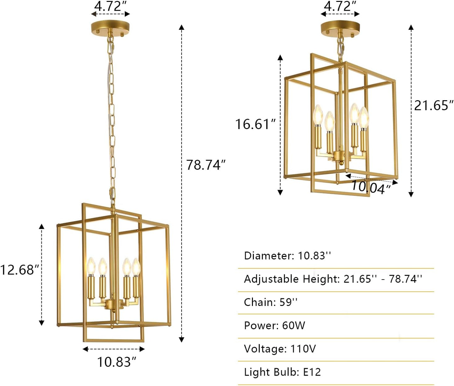 Farmhouse Gold Chandelier, 4-Light Vintage Chandeliers for Dining Room, Adjustable Modern Rustic Metal Hanging Pendant Light Fixture for Entryway Foyer Kitchen Island Hallway