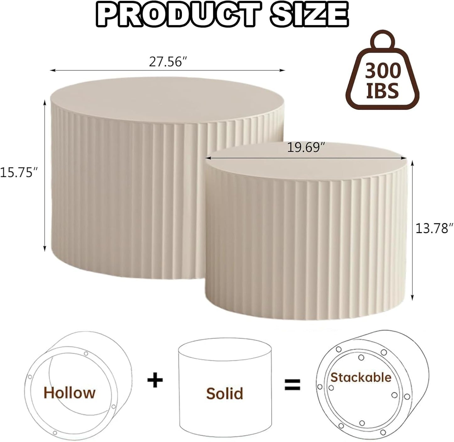 Round Nesting Coffee Table Set of 2, Modern Coffee and End Table Set Small Circle Wooden Drum Side Table Accent End Tables for Living Room Office, No Assembly,Cream Large