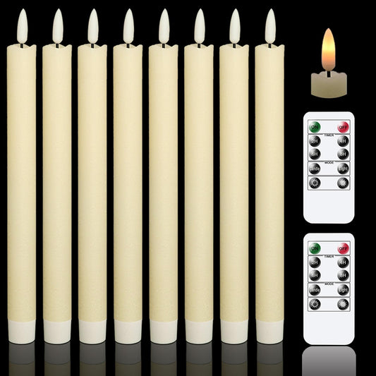GenSwin Flameless Flickering Taper Candles with 2 Remote Controls and Timer, Real Wax 3D Wick Light Window Candles Battery Operated Pack of 8, Christmas Home Wedding Decor(Ivory, 0.78 X 9.64 Inch)