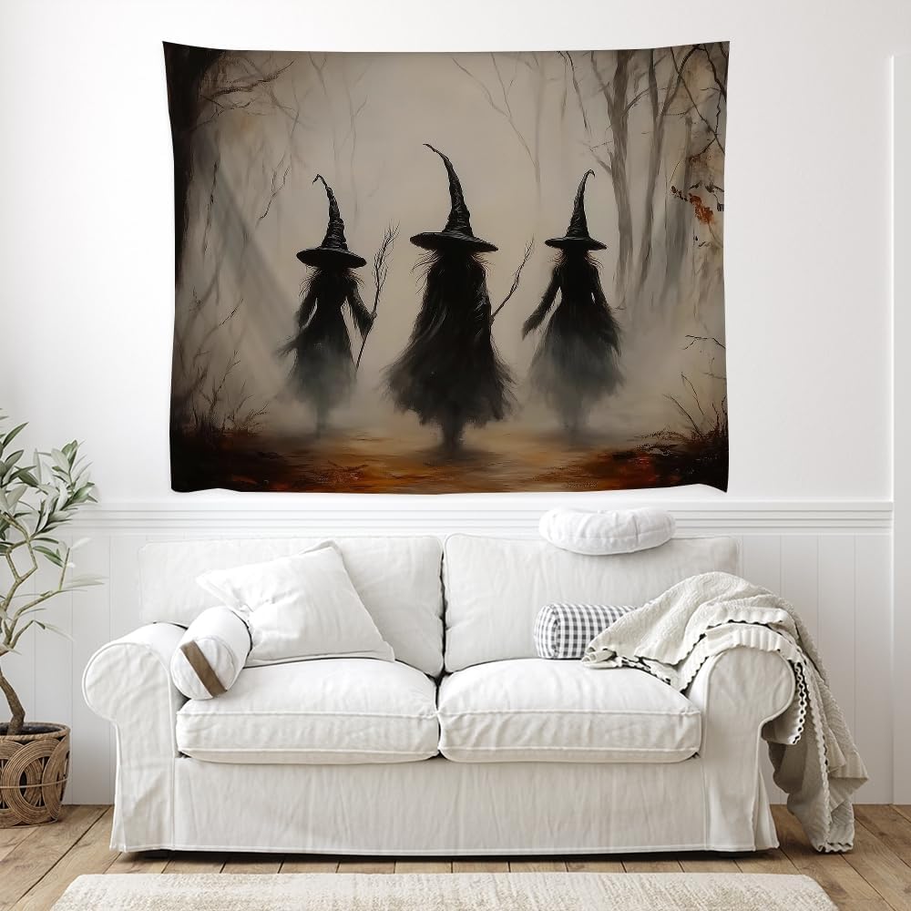 Witchy Halloween Tapestry Wall Hanging Vintage Spooky Witch Room Print Dark Academia Autumn Forest Three Witches Tapestries Decor for Halloween Living Room Bedroom Decoration 60x80inch