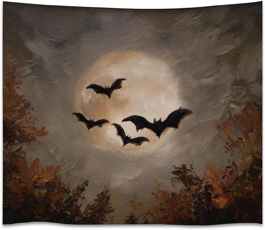 Spooky Halloween Bats Dark Academia Full Moon Autumn Leaves Wall Hanging Vintage Haunted Home Artwork Gothic Witchy Ghost Tapestries for bedroom Living Room Decor 40x60inch