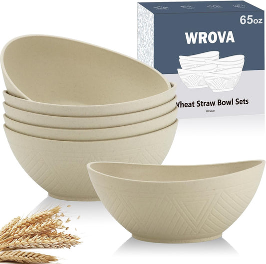 65oz Big Wheat Straw Bowls - Large Salad Bowls set of 6 - Unbreakable Serving Bowl Sets - Microwave & Dishwasher Safe Bowl Sets for Cereal,Salad,Fruit - Beige