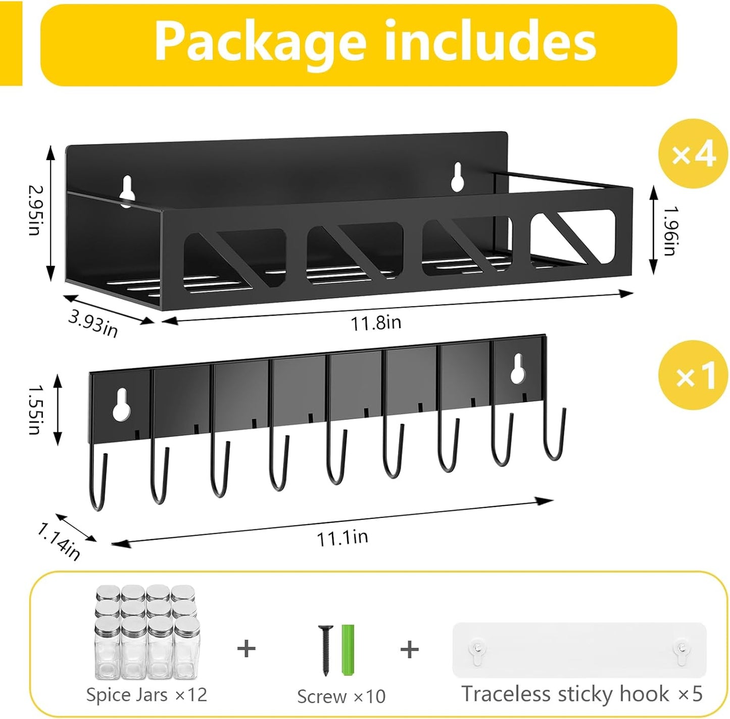 Magnetic Spice Rack Organizer for Fridge Seasoning Organizer for Kitchen storage with Screw or Adhesive Hanging,Magnetic Shelf with Hook for Refrigerator and Oven (Black, 5pack&12pcs)