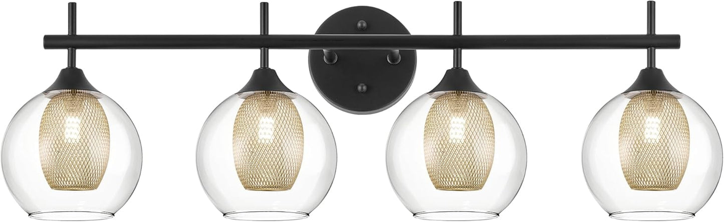Bathroom Light Fixtures, 4-Light Black and Gold Vanity Lights Over Mirror, 30inch Farmhouse Wall Sconce Lighting with Clear Glass and Honeycomb Metal Shade, AD-22001-4W-BK