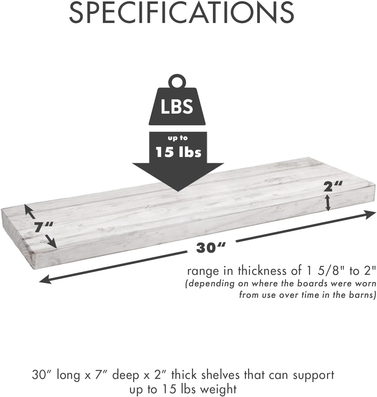 Urban Legacy Reclaimed Barnwood Planks | Floating Shelves for Wall w/Flush Mount Shelf Bracket Set Included | Set of 2 (White Wash, 30"x7"x 2")