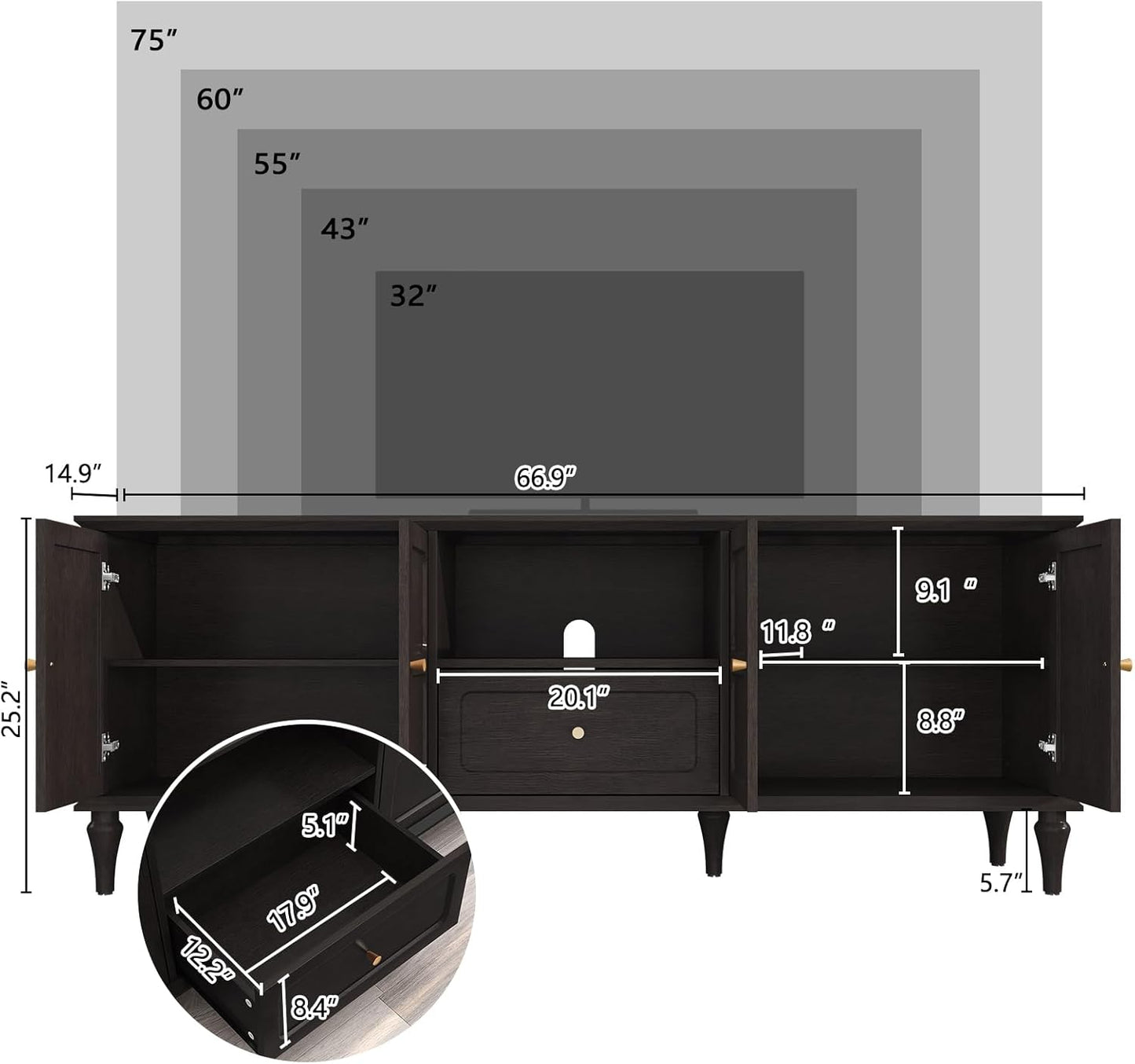 ARTPOWER 67'' Mid-Century Modern TV Stand with Storage Drawer and Doors, Long TV Stand with Adjustable Shelves for 75 Inch TV for Living Room, Bedroom, Black
