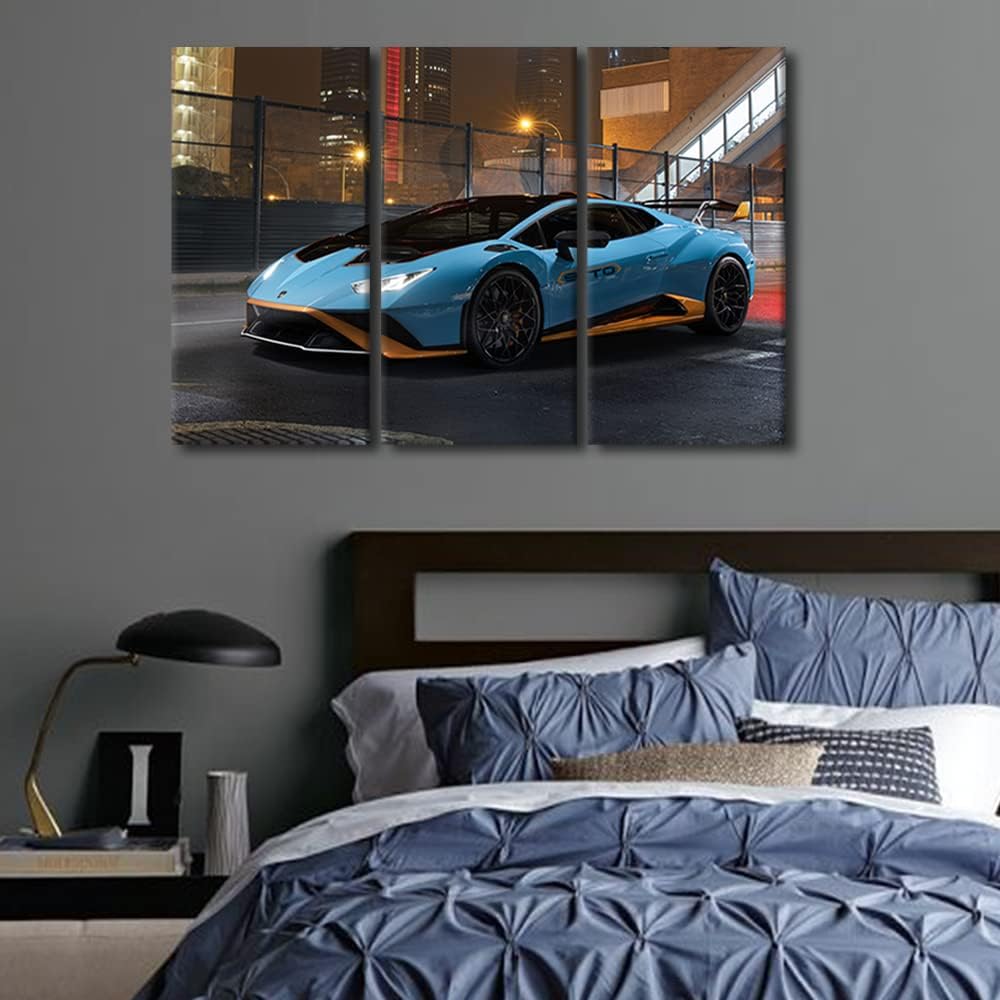 TUMOVO Canvas Wall Art Print Sports Car Posters for Men Boys Bedroom Supercar Speed Car Wall Decor Art Paintings Blue Hypercar Modern Giclee Artwork for Office Home Decor Ready to Hang, 36" Wx24 H
