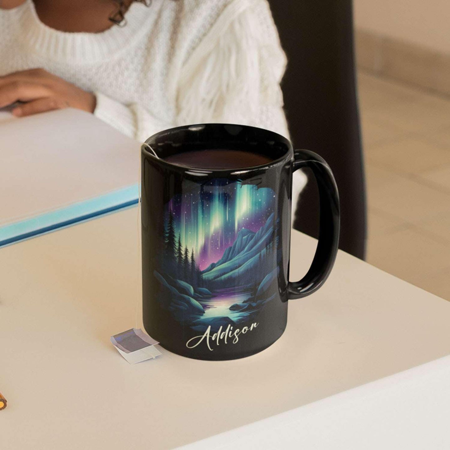 Customized Name Coffee Cup 11oz 15oz, Personalized Northern Lights Landscape Mug, Scenic Mountain And River Black Cup, Custom Northern Lights Inspired Ceramic Mug, Gift For Women
