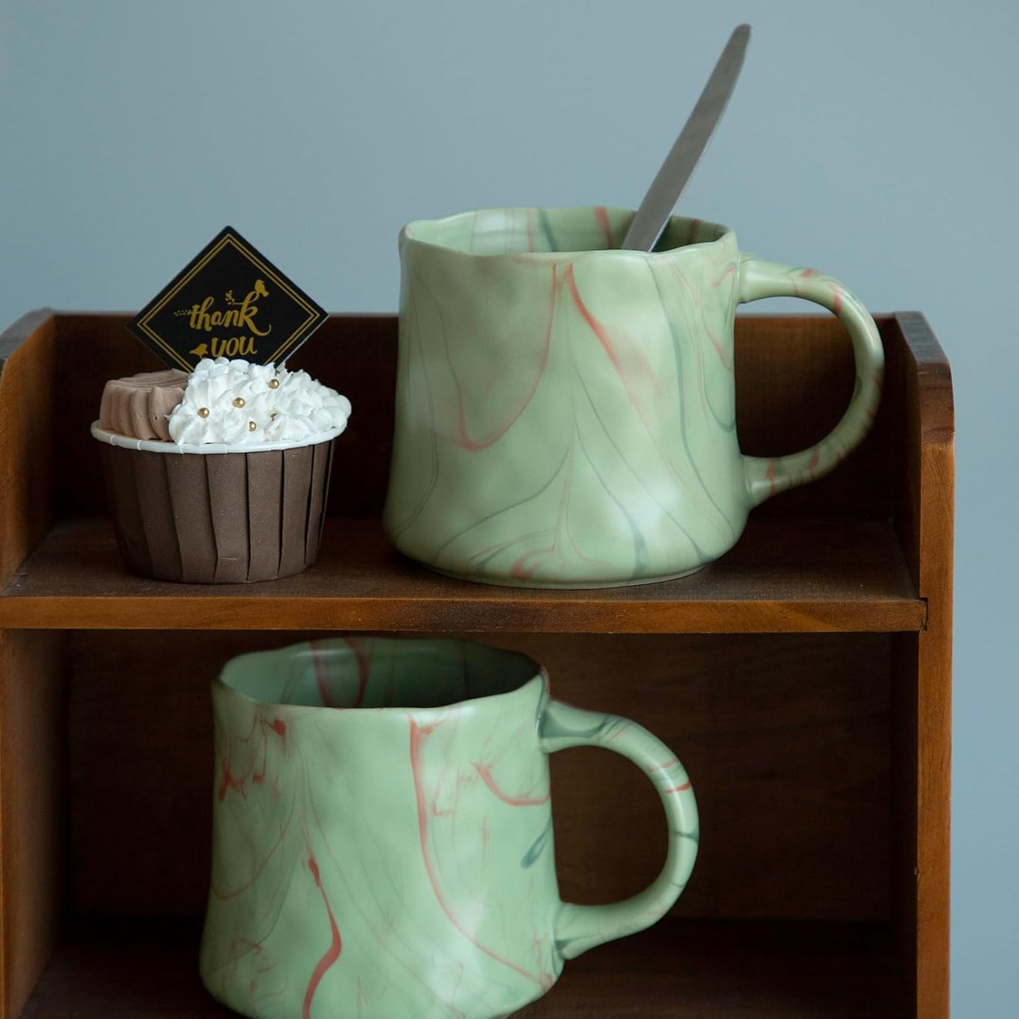 Abstract Art Ceramic Coffee Mugs Set - 2 Pack, Mint Green with Red and White Accents, Handcrafted Design for Modern Kitchen or Office