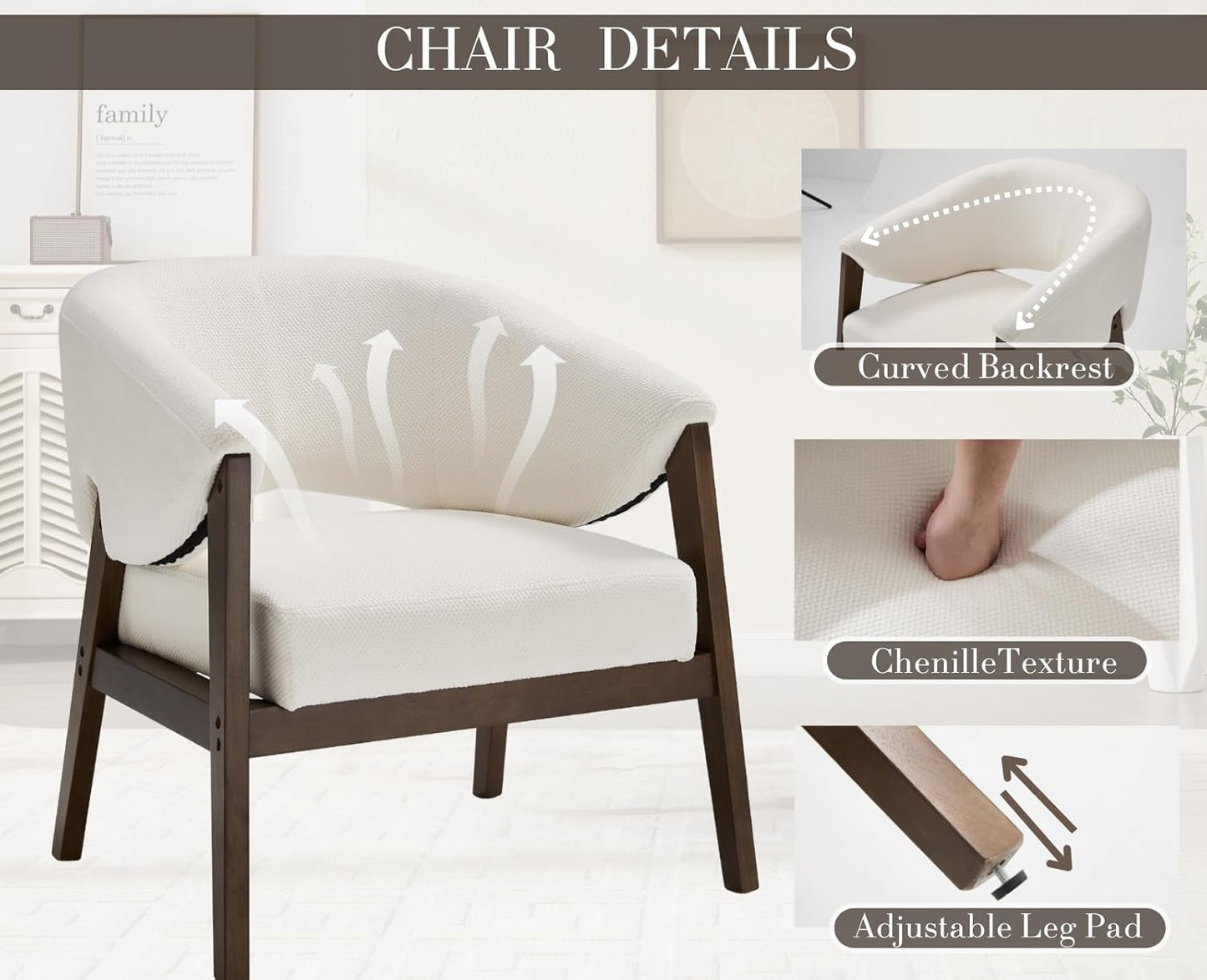 Mid-Century Modern Accent Chairs Set of 2, Comfy Barrel Armchairs with Wide Seat, Upholstered Lounge Chairs with Walnut Wood Legs for Living Room/Bedroom/Reading Corner, Chenille, Beige