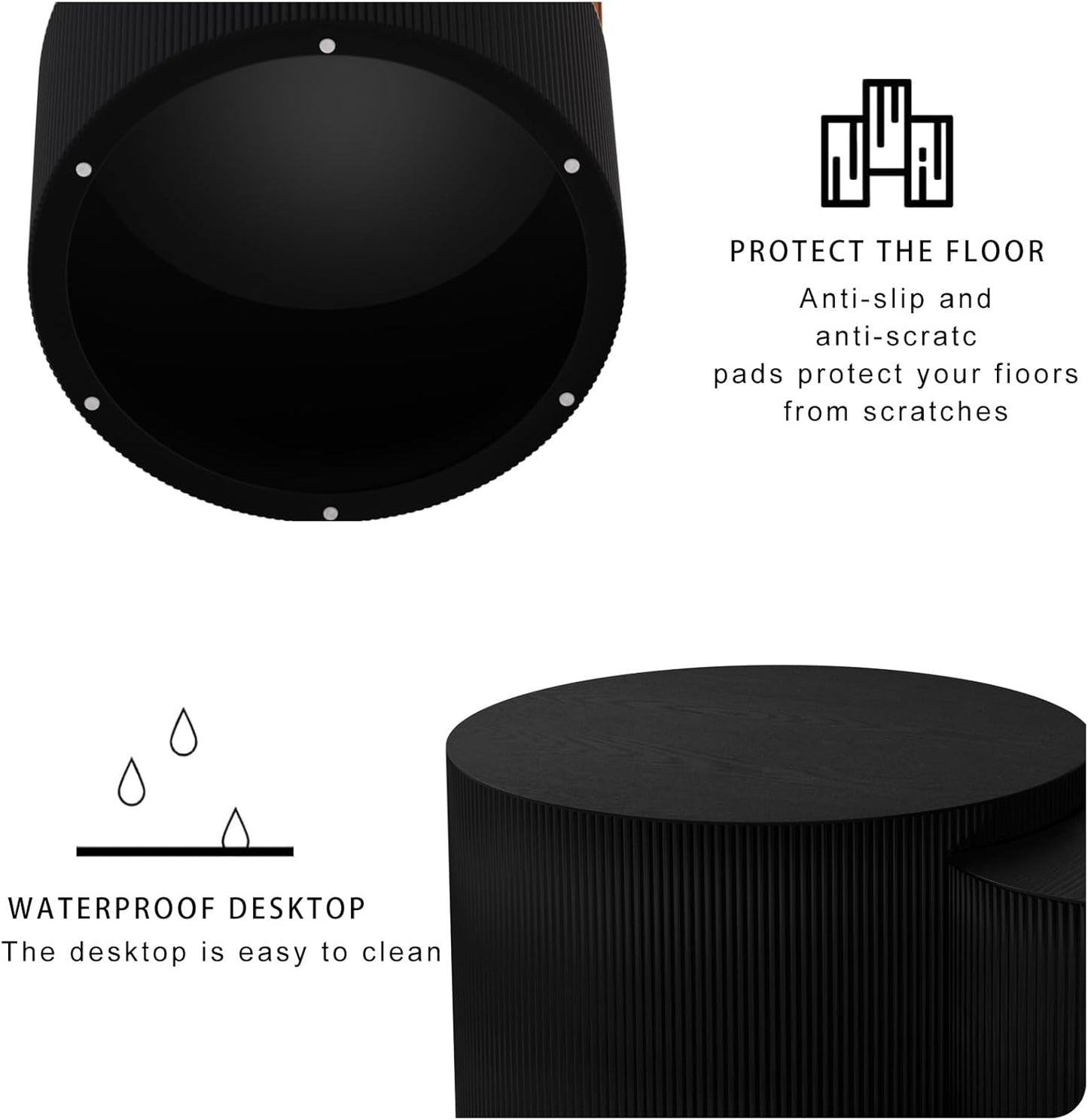 Round Coffee Table Set of 2, Nesting Coffee Table and End Table Set Small Circle Drum Side Table for Living Room Office, No Assembly (D Black Crescent)