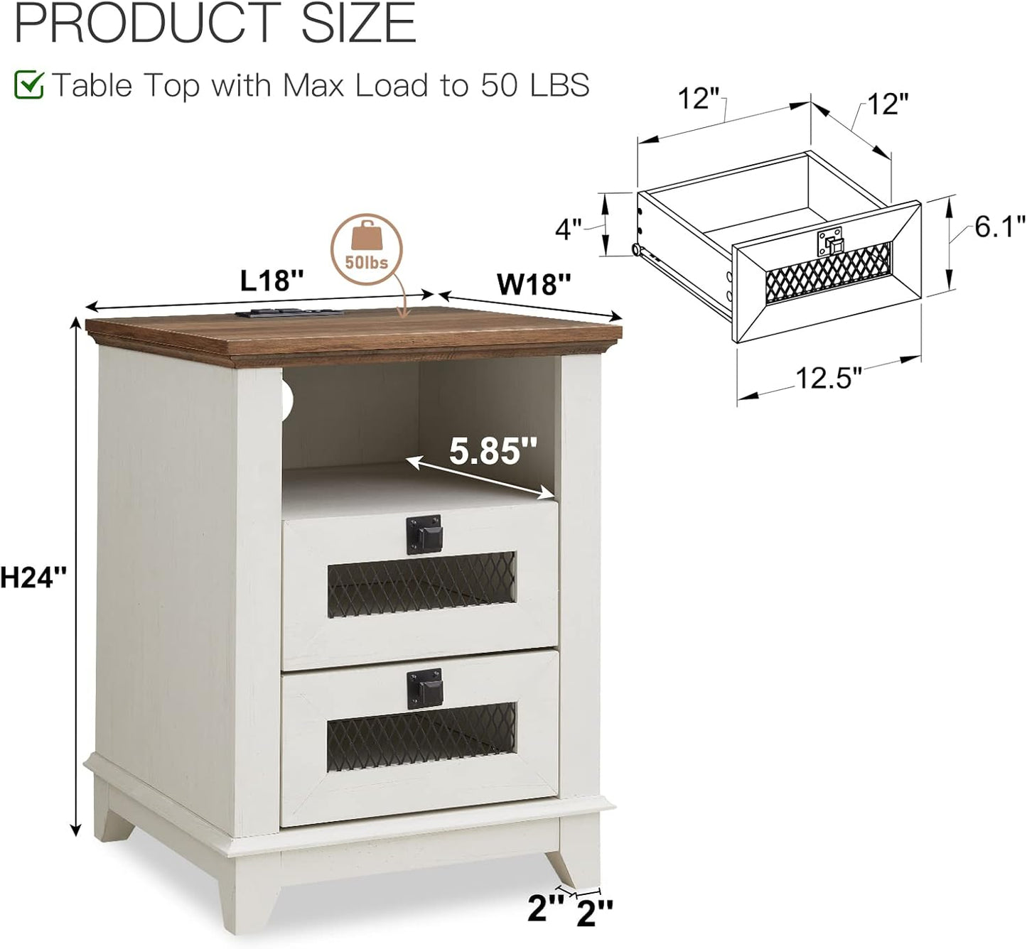 Nightstand with Charging Station,OKD 18'' Industrial & Farmhouse Square End Table w/ 2 Drawers & Open Cubby, Rustic Mesh Drawer Sofa Side Table w/Storage for Bedroom, Living Room Office, Antique White