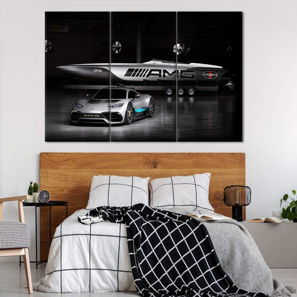 TUMOVO 3 Pieces Car Pictures Wall Art Framed Sports Car in Cool Gray Style Poster Canvas Print Vintage Western Decor for Home Office Living Room Man Bedroom - 40 x 20inch x 3 Panels