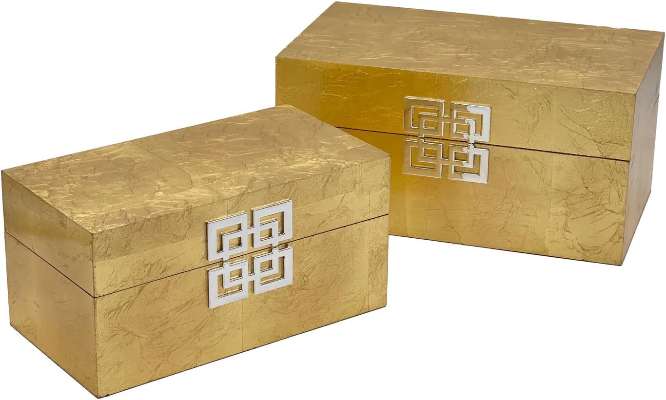 Galt International Storage Box Set Decorative Storage Box w/Hinged Lid Classic Design Wood Decor Boxes with Geometric Clasp Storage for Bedroom & Home - Set of 2 (Gold Leaf)