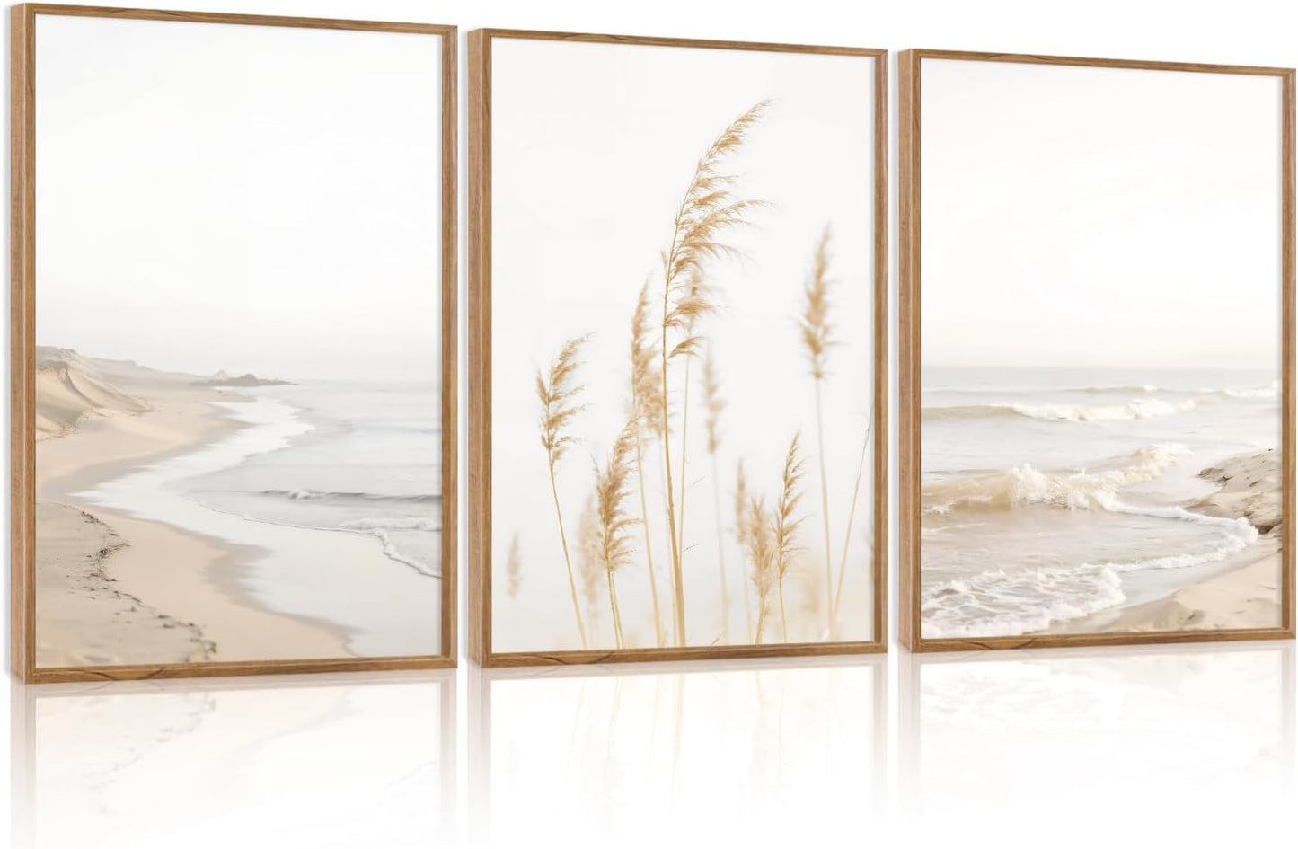 HPNIUB Modern Beach Artwork Seascape Wall Art, Seaside Framed Painting Reed Pathway Picture, Minimalist Neutral Coastal Landscape Wall Decor for Living Room,Bathroom -24'' x36'' x3