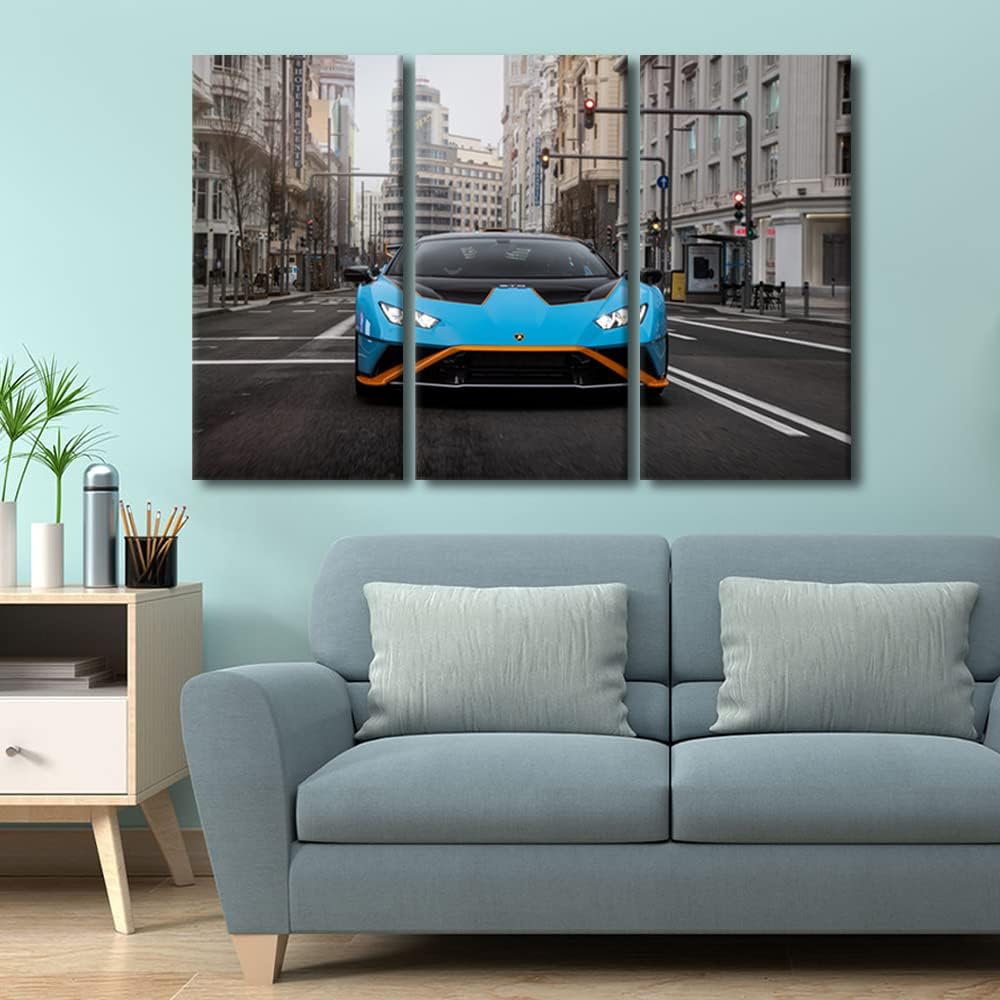 TUMOVO Canvas Art Wall Decor Sports Car on the Street Bedroom Wall Art Pictures for Living Room Super Car Wall Painting 3 Pieces Downtown Modern Wall Art Stretched and Framed Ready to Hang 36" Wx24 H