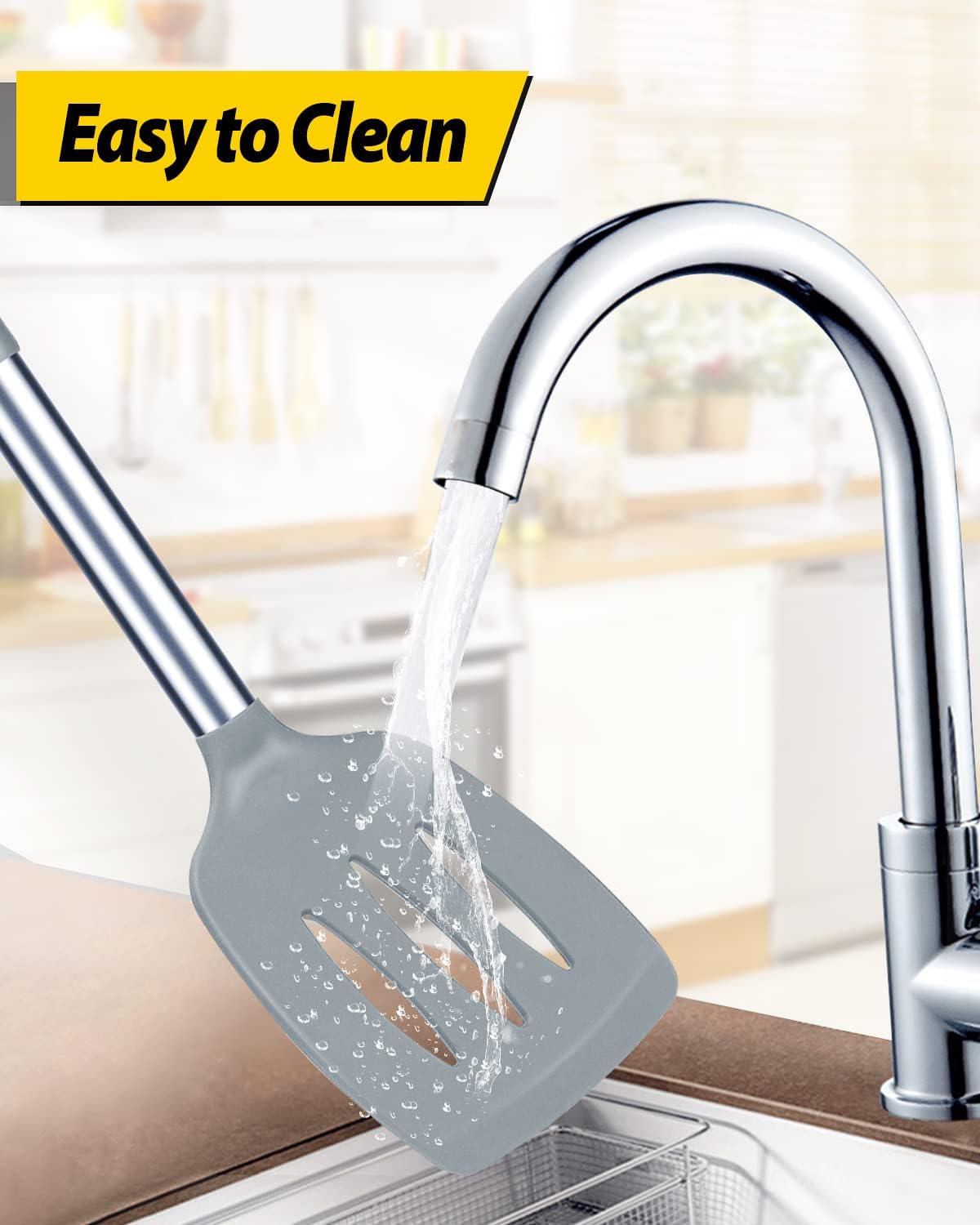 Pack of 2 Silicone Solid Turner, Non Stick Slotted Kitchen Spatulas, High Heat Resistant BPA Free Cooking Utensils, Ideal Cookware for Fish, Eggs, Pancakes(Gray)