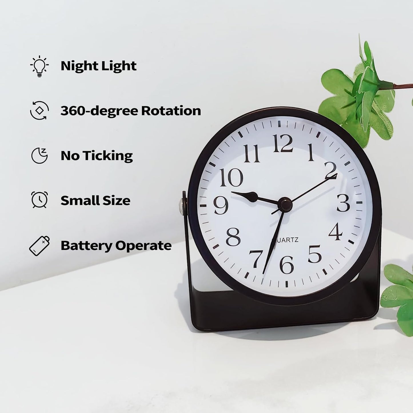 Small Desk Analog Alarm Clock Battery Powered Mini Metal Nightstand Shelf Clock with Light Side Table Decor Mid Century Cute Alarm Clock for Heavy Sleepers Bedrooms Desktop Living Room Bathroom