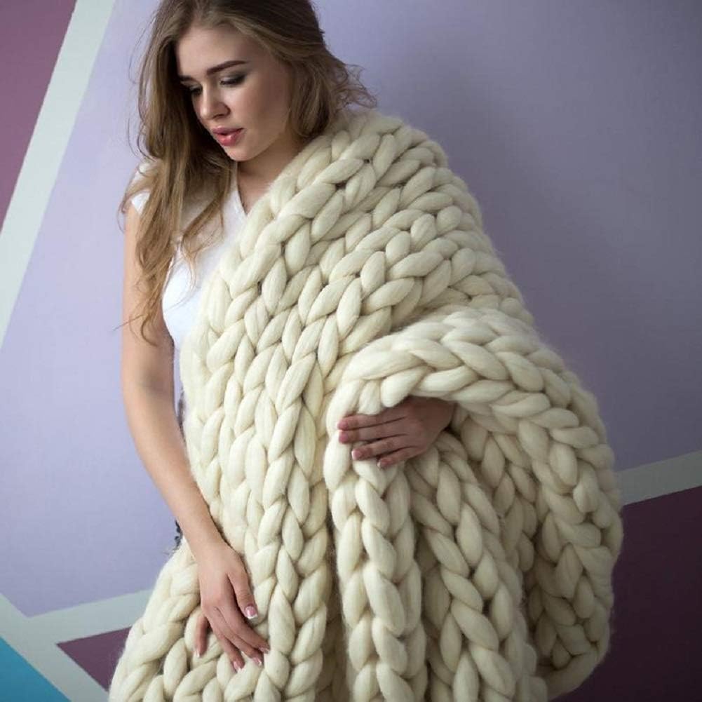 Chunky Knit Blanket Hand Made Merino Wool Throw Boho Bedroom Sofa Home Decor Giant Yarn(Ivory White 47"x71")