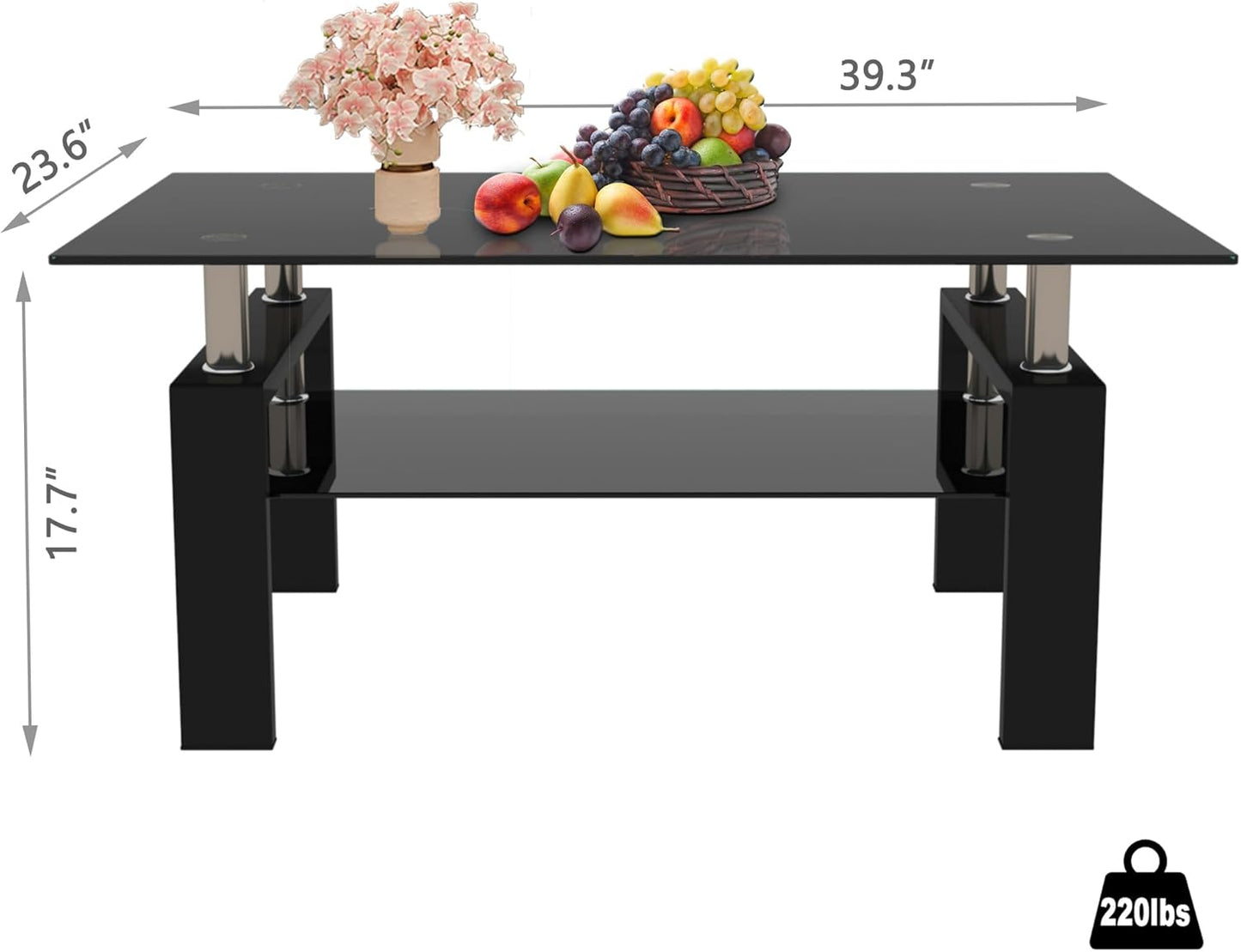 Black Glass Coffee Table for Living Room, Mordern Rectangle Tempered Glass Sofa Center Tables with Black Metal Leg for Home Office