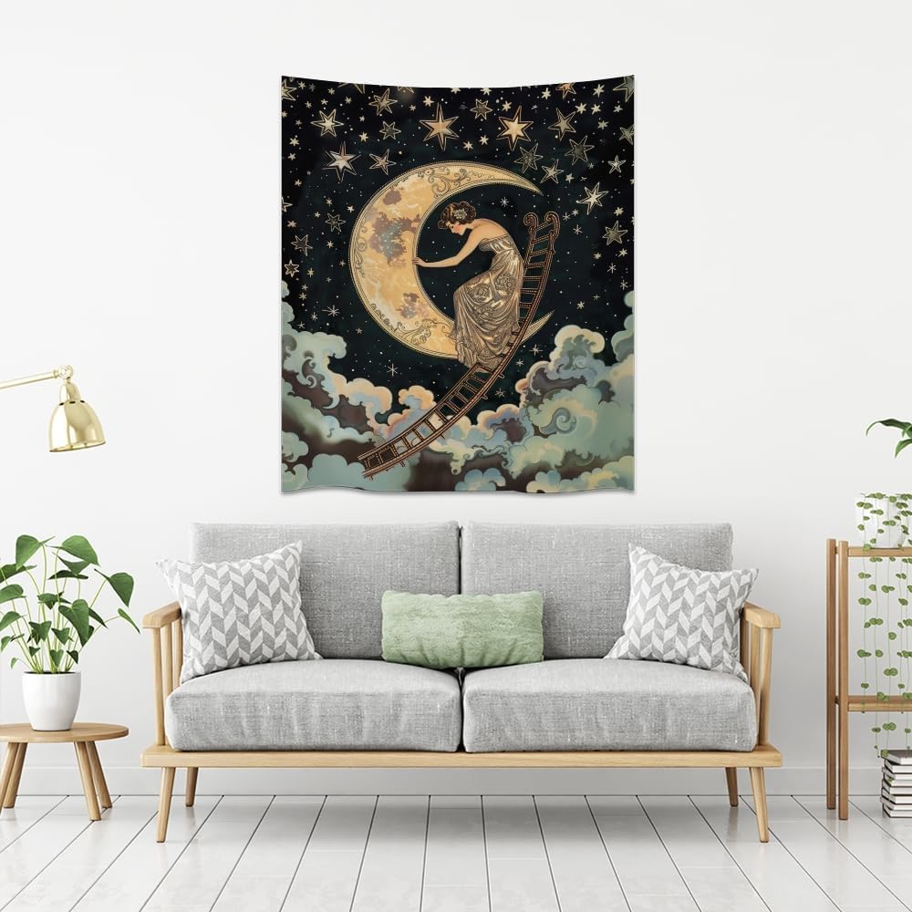 Dark Academia Gothic Aesthetic Tapestry ladder to The Moon and Stars Wall Hanging Print Trendy Vintage Art Nouveau Tapestries Decor for Home Bedroom Living Room 40x60inch