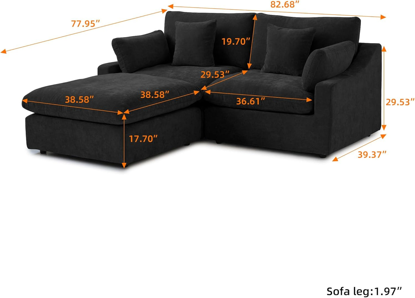 JACH Sectional Couches for Living Room, Cloud Sectional Couch with Deep Seat, Love Seat Modular Sofa with Chaise, Covers Removeable & Washable, Sofas Furniture for Living Room, Black