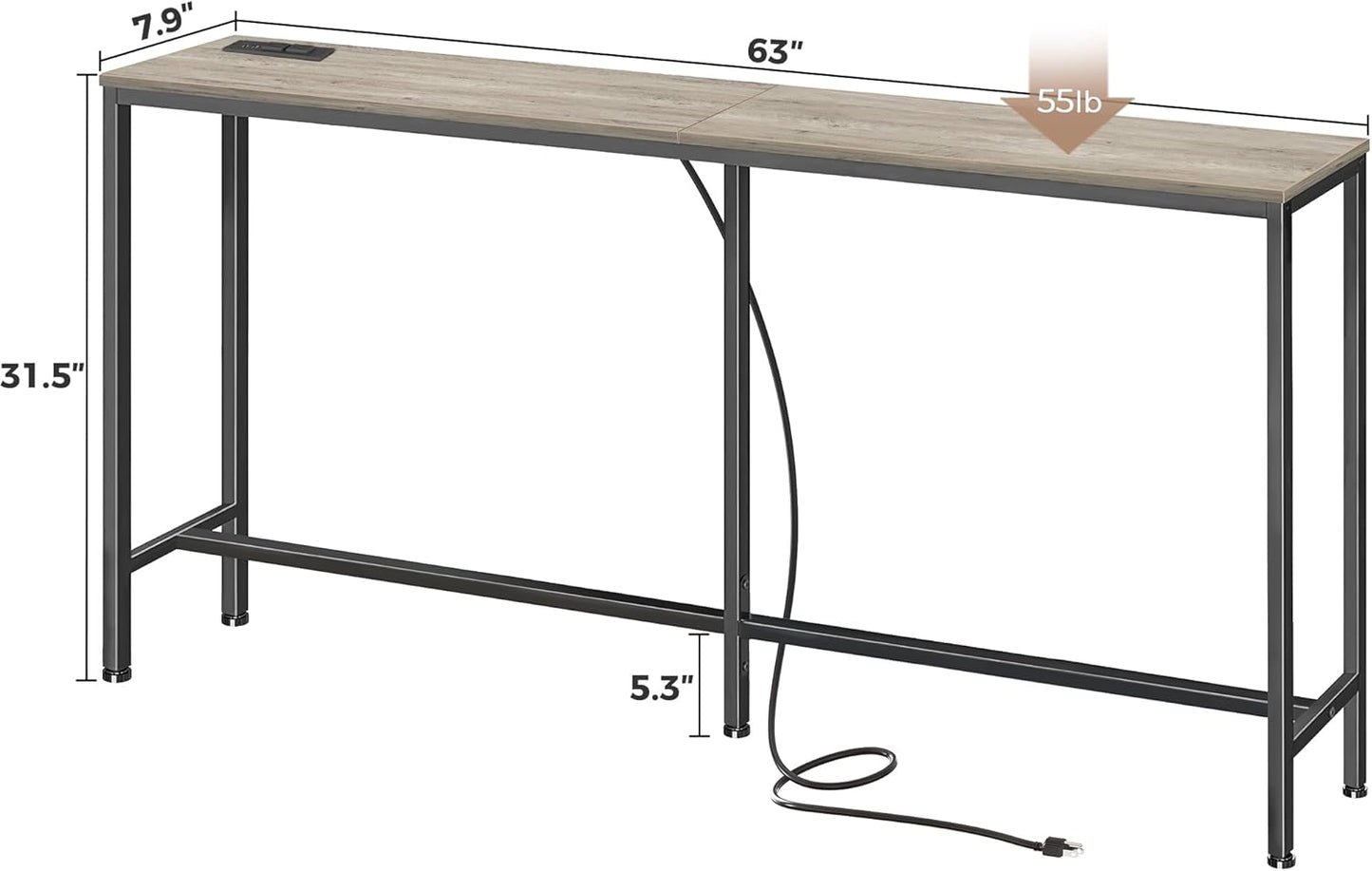 SUPERJARE Console Table with Outlet, 63 Inch Sofa Table with Charging Station, Narrow Hallway Entryway Table, Behind Couch Table, for Living Room, Oak