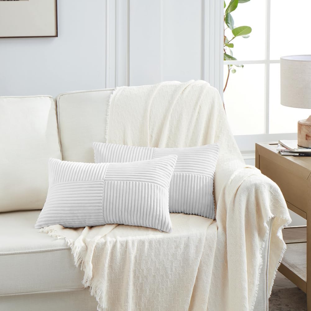 Fancy Homi 2 Packs White Long Lumbar Decorative Throw Pillow Covers 12x24 Inch for Couch Bed Sofa, Rustic Farmhouse Boho Home Decor, Soft Striped Corduroy Rectangle Accent Cushion Case 30x60 cm