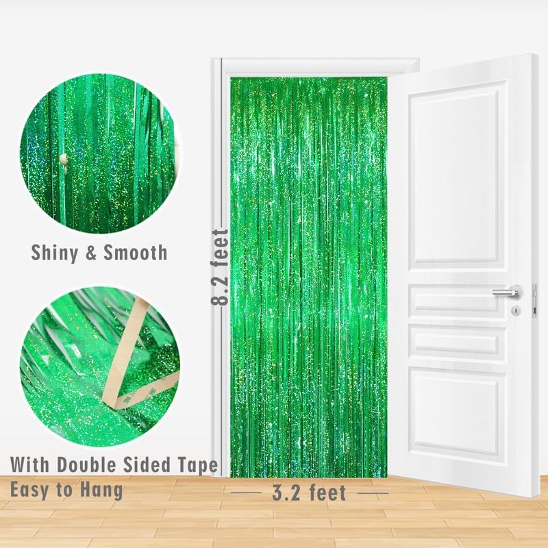 GOER 3.2 ft x 8.2 ft Metallic Tinsel Foil Fringe Curtains Party Photo Backdrop Party Streamers for Birthday,Graduation,New Year Eve Decorations Wedding Decor(5 Packs,Shiny Green)