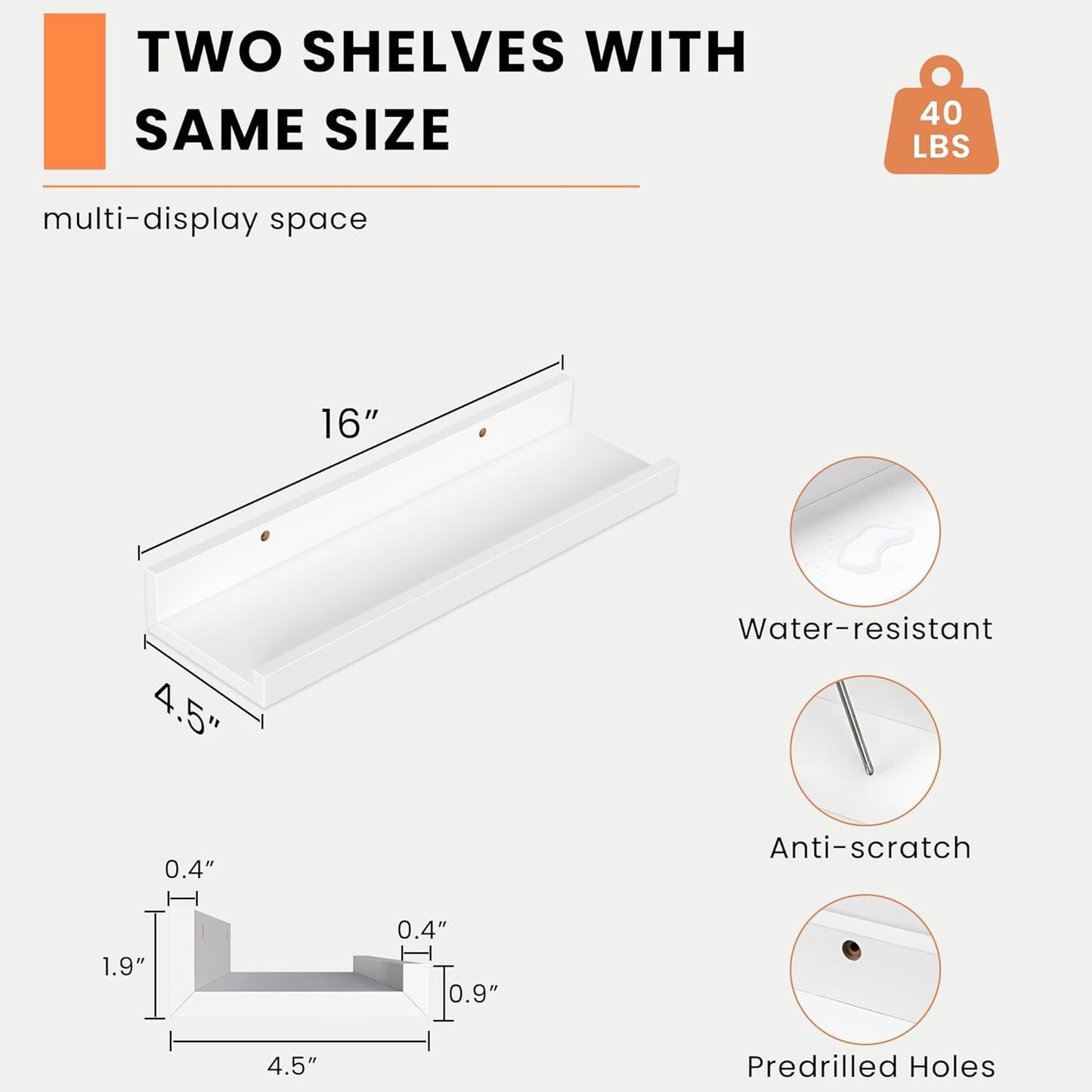 Heimlove Picture Ledge Shelf, Floating Shelves Set of 2, 16 Inches Picture Shelf for Wall with Ledge, Kids Bookshelf Wall Mounted for Living Room Bedroom Decor Books Photo Frames - White