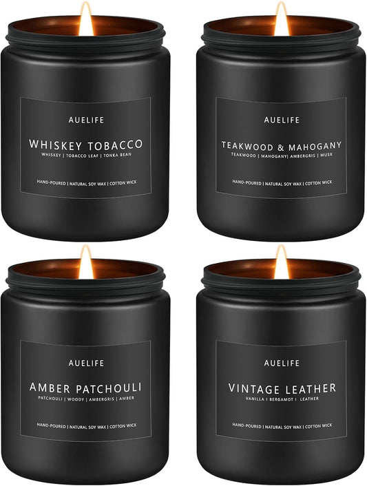 Scented Candles Set | Gifts for Men - 4Pack Masculine Candle, Soy Candles for Home Scented, Aromatherapy Gift for Dad Fathers Day, Home Fragrance of Whiskey Tobacco/Mahogany/Amber Patchouli/Leather