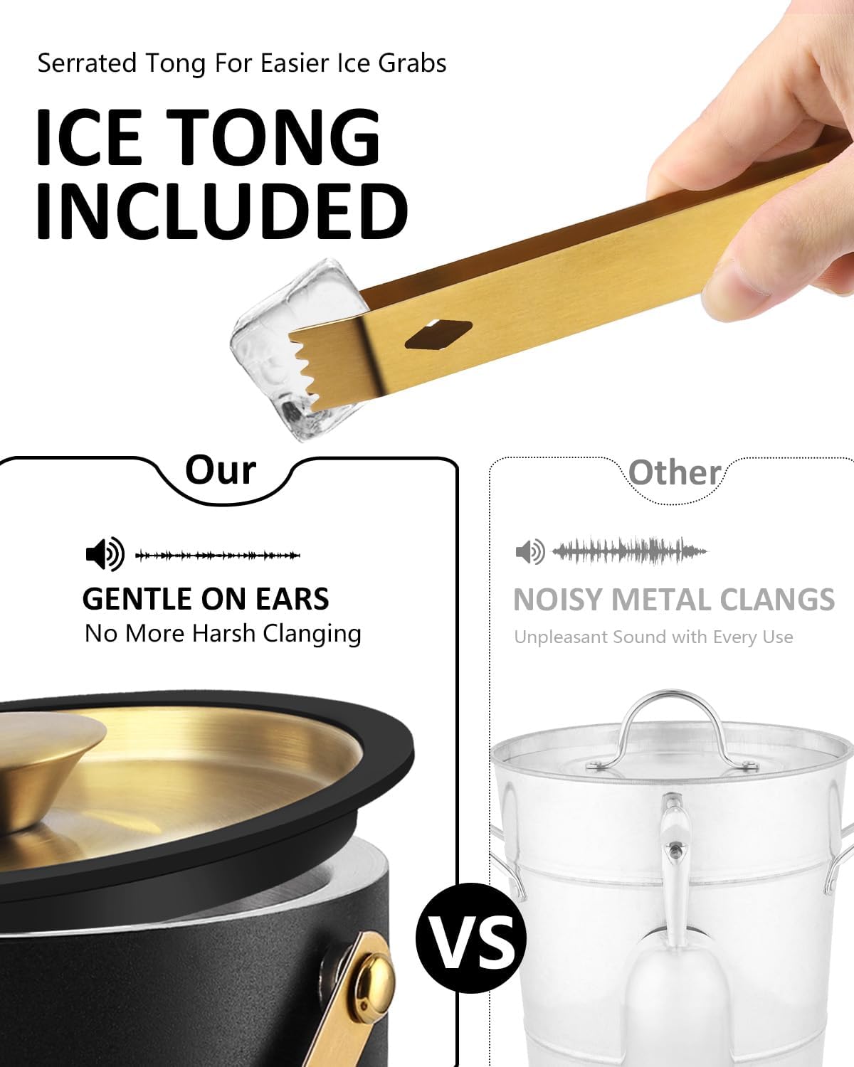 3L Ice Bucket with Silicone Lid, Scoop, Gold Tongs & Strainer, Stainless Steel Double Wall Insulated Ice Buckets for Parties & Cocktail Bar, Outdoor Champagne Ice Container Bin, Black