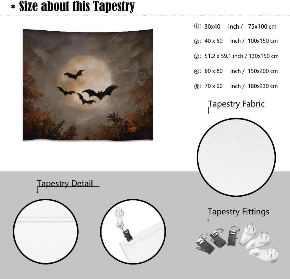 Spooky Halloween Bats Dark Academia Full Moon Autumn Leaves Wall Hanging Vintage Haunted Home Artwork Gothic Witchy Ghost Tapestries for bedroom Living Room Decor 50x60inch