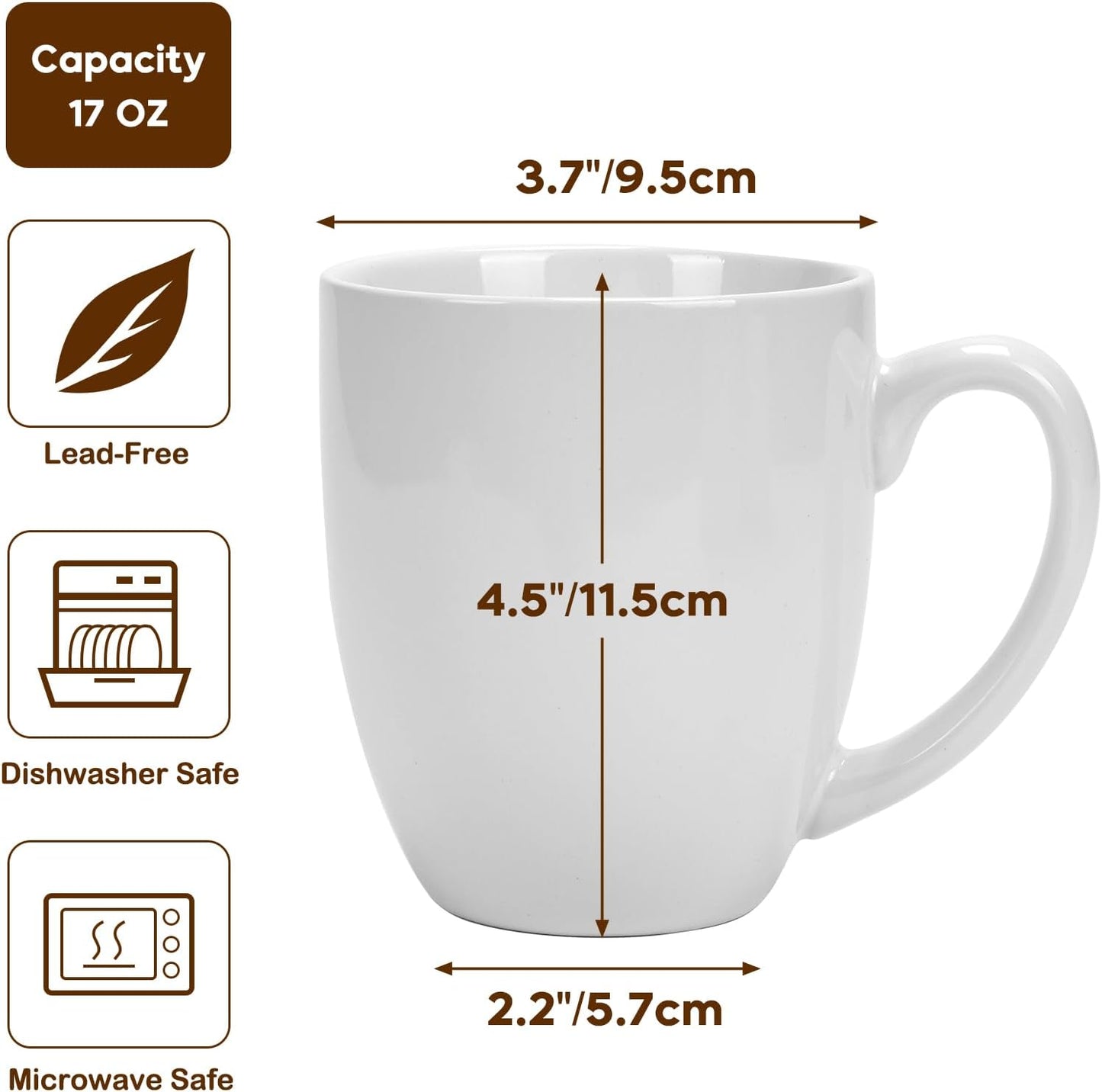 16 OZ White Stoneware Mugs Set of 6, Large Ceramic Coffee Cups with Handle, Porcelain Mugs for Latte, Milk, Tea and Juice