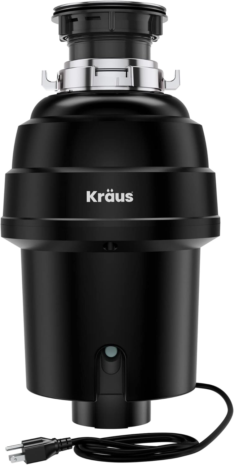 KRAUS WasteGuard 1 HP Ultra-Quiet Garbage Disposal with Quick Connect, Kitchen Sink Drain Cover, Power Cord and Flange Included, KWD100-100MBL