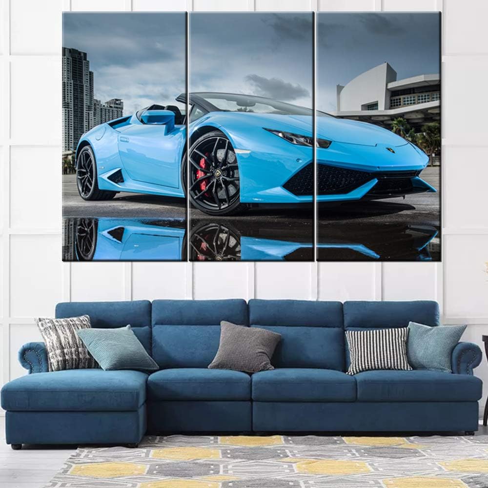 TUMOVO 3 Pieces Wall Art LP 610 4 Blue Supercar Painting Pictures Print On Canvas Car The Picture for Home Modern Decoration Stretched by Wooden Frame Ready to Hang - 40 x 20inch x 3 Panels