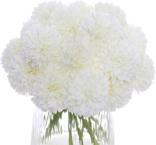 Kimura's Cabin 20Pcs Fake White Flowers Artificial Chrysanthemums Ball Flower Faux Silk Mums Flowers for Wedding Party Home Kitchen Table Core Decoration DIY Bouquets (White)