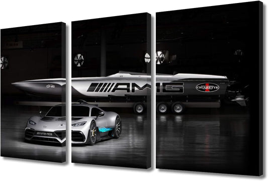 TUMOVO 3 Pieces Black and White Sport Car Canvas Giclee Print Painting Picture Wall Art Home Decor Gifts for Boy Room Ready to Hang - 12 x 24 inch x 3 Panels